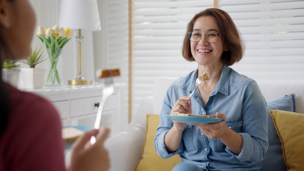 Asia elder people, latin lady parent or friendly mum enjoy fun chat with best friend